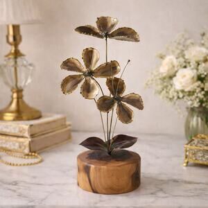 Vintage Brass Flower Sculpture on Wood | Organic Modern Floral Decor